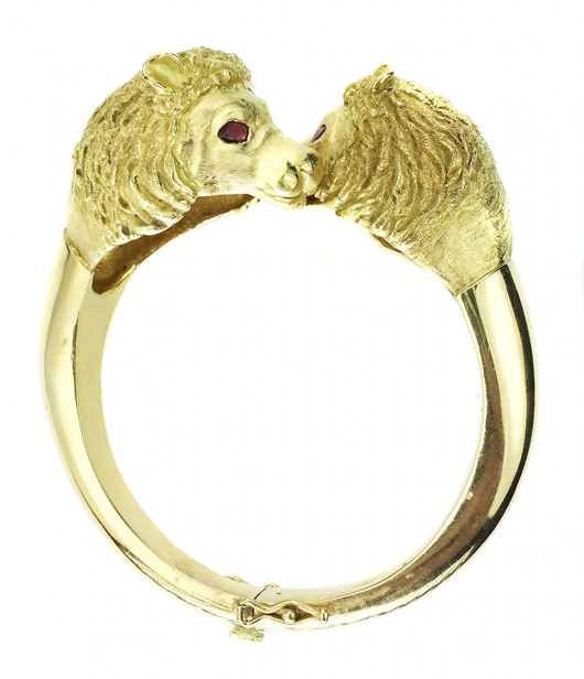 Size 6 18K yellow gold with ruby eye cuff bracelet, signed J. Rossi, from the Elizabeth Taylor Collection. Estimate: $16,000-$20,000. A.B. Levy’s image.